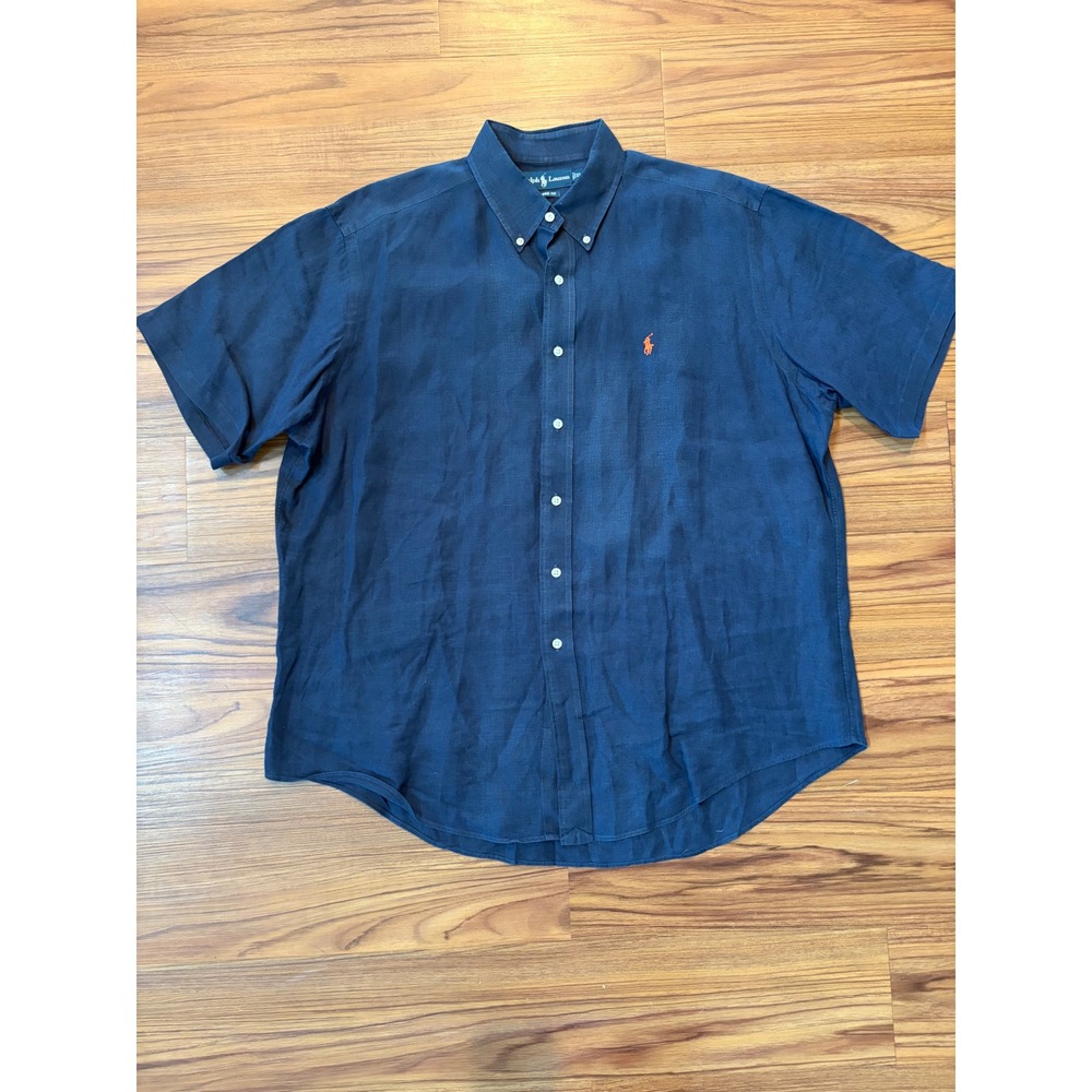 Ralph Lauren Classic Fit Navy Blue Linen Short Sleeve Button Down Shirt Mens XL